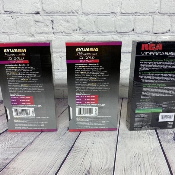 VCR VHS Cassette Tapes Blank Lot of 3 Mixed - Sylvania T-120 SX Gold - RCA T120 - Picture 2 of 4